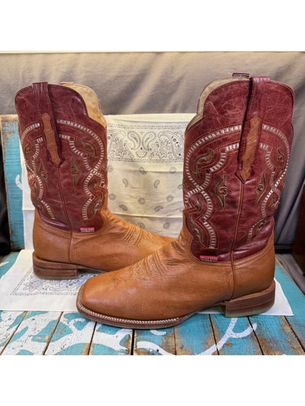 Texas Town Tan Smooth Tan/Red Leather Inlay Mens Square Toe Boots Sz 31/12